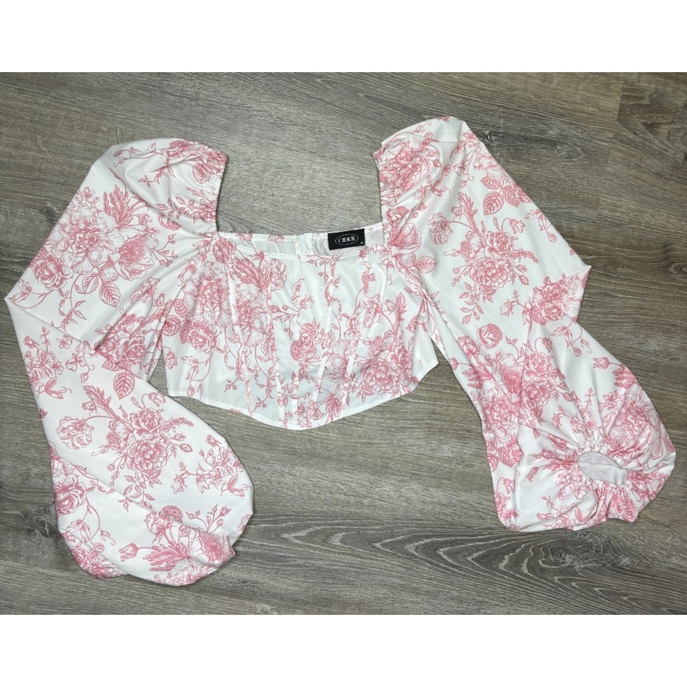 Cider Women's Crop Top Balloon Sleeves Shirt Pink White Floral Boho‎ Romantic XL